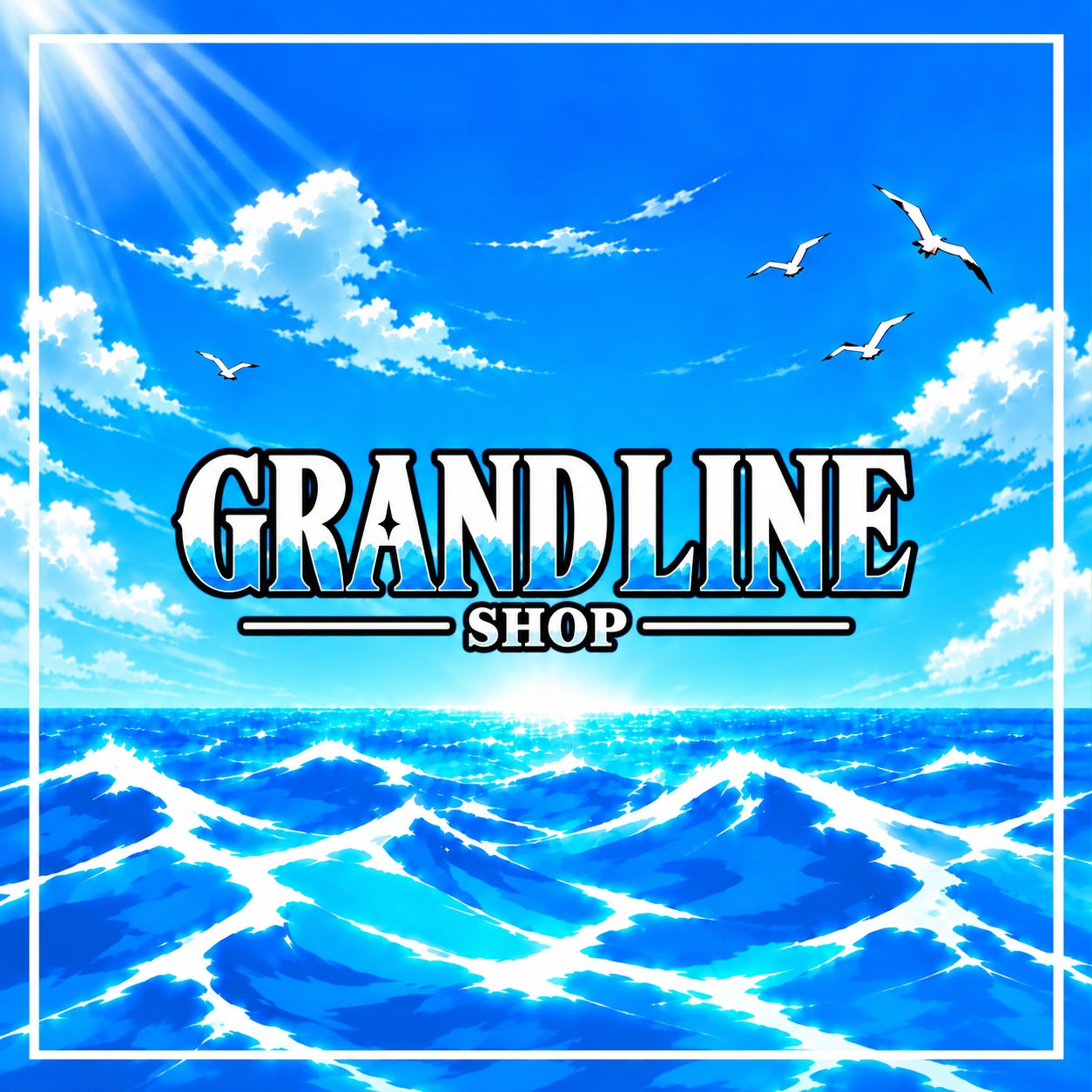 Grandline Shop über einem blauen Meer und hellem Himmel